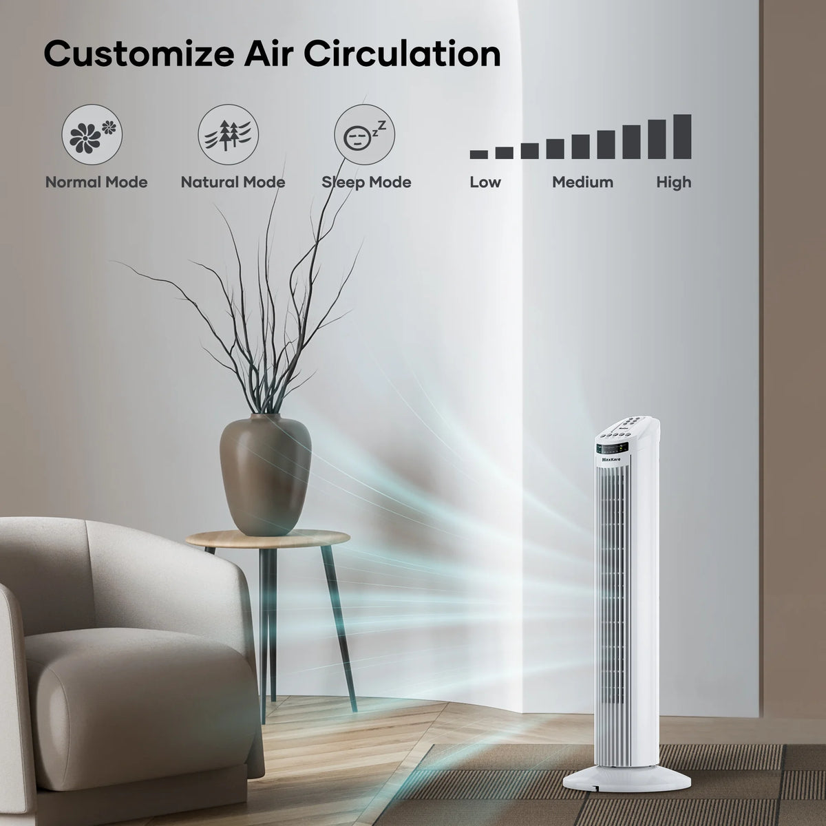 30 Tower Fan Oscillating Fan 60dB Quiet Cooling Fan with Remote Control 3 Speeds 3 Wind Modes Timer White D920769
