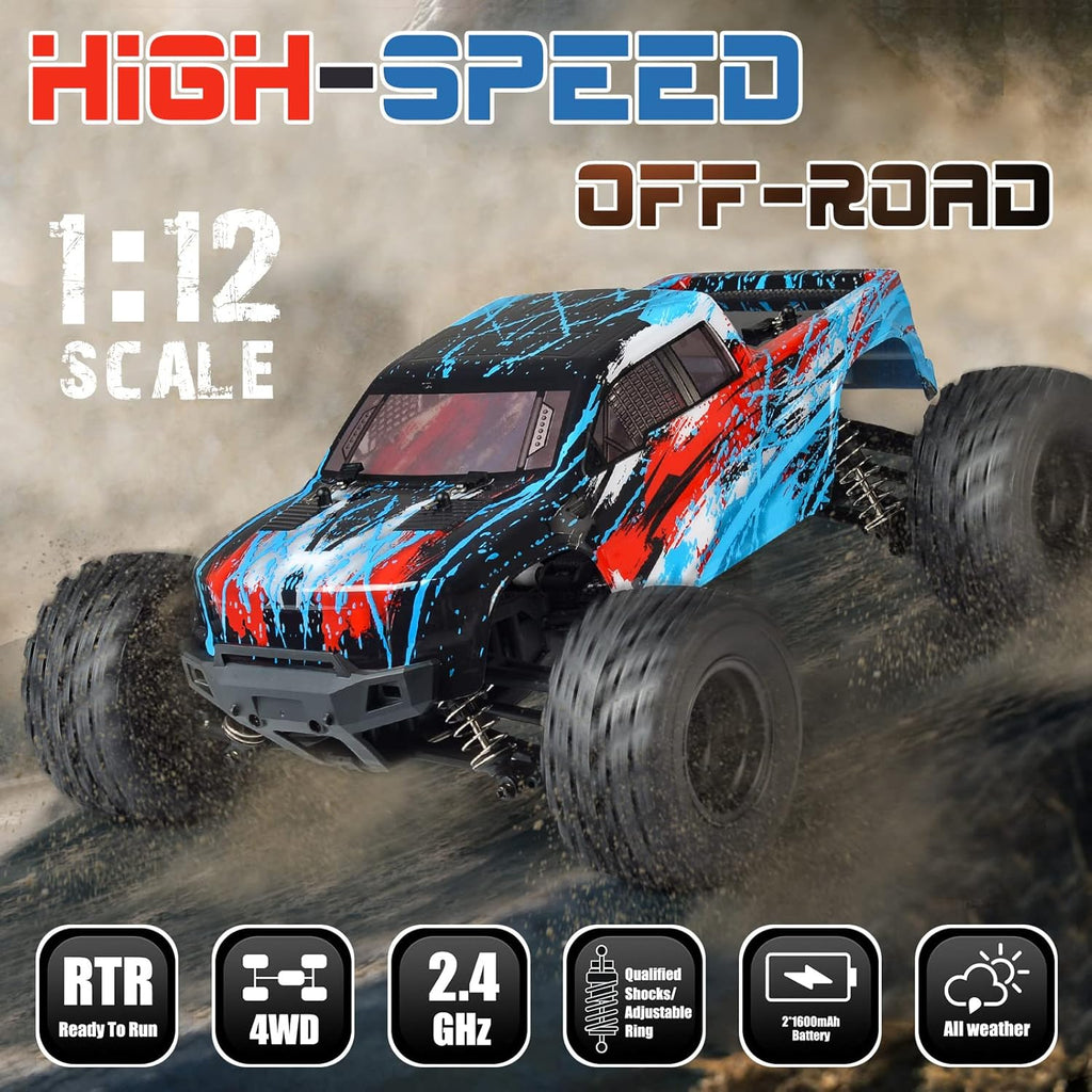 1/12 Scale Remote Control Car 2 Batteries 40+ km/h Off Road 4x4 Monster Truck O91253