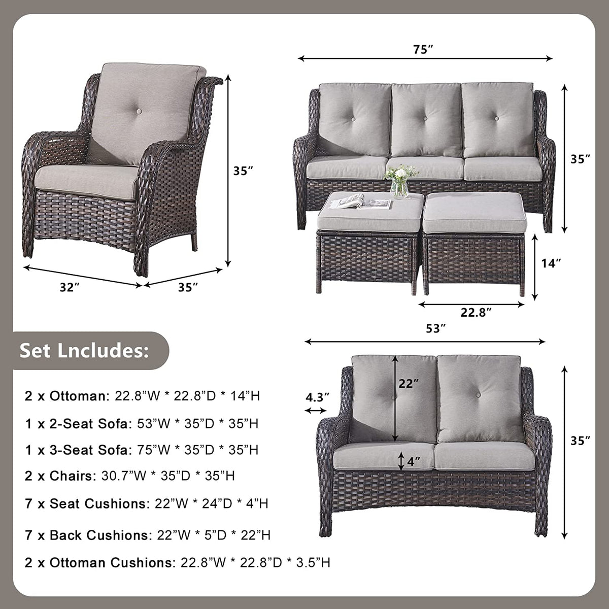 5 Piece Patio Rattan Sectional Sofa Set with 3-Seat Couch 2 Armchairs 2 Ottoman Footrests U8812