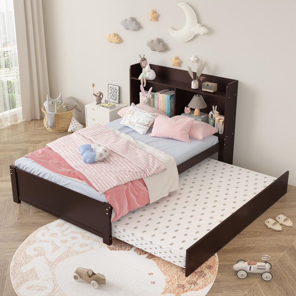 Twin Bed Frame with Trundle and Storage Bookcase, Solid Wood, Espresso Q31391