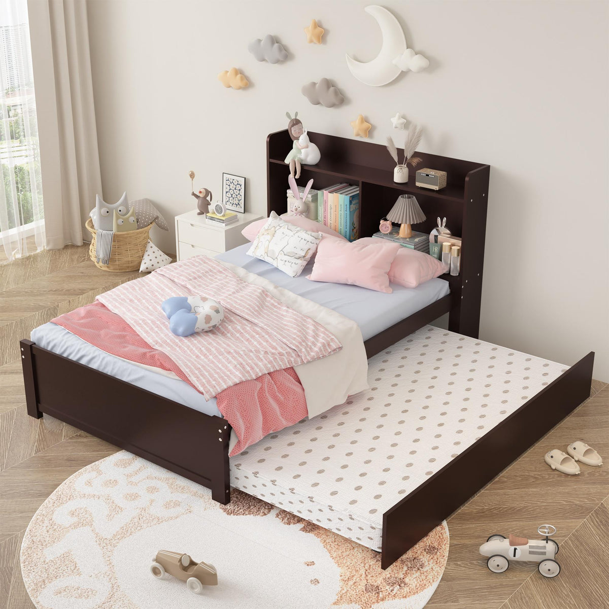 Twin Bed Frame with Trundle and Storage Bookcase, Solid Wood, Espresso Q31391